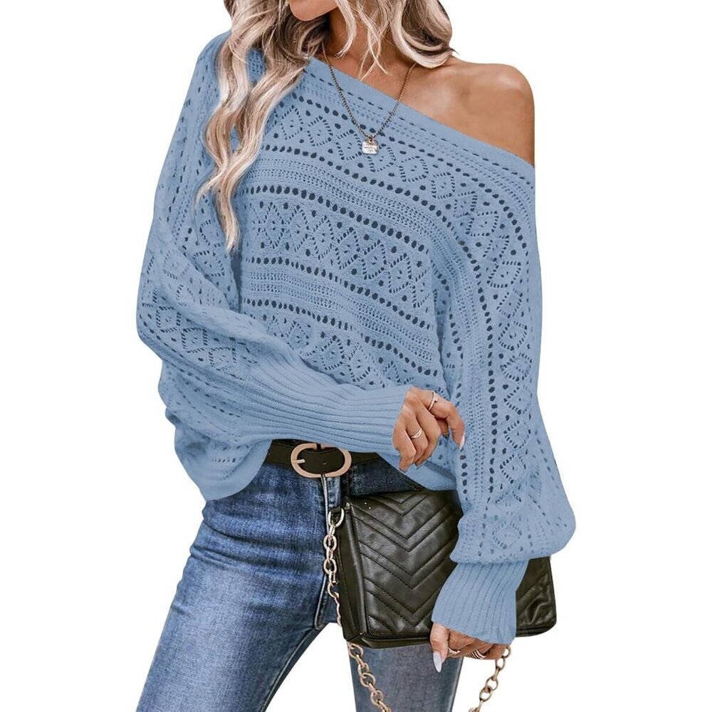 Womens Crochet Off Shoulder Sweater Oversized Batwing Long Sleeve Pullover